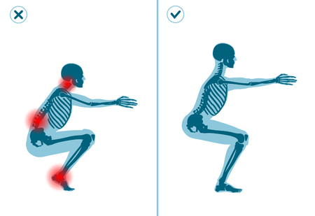 Wrong and correct air squat exercise. Right and wrong execution technique of sport gymnastics. Common mistakes in sport workout.のイラスト素材