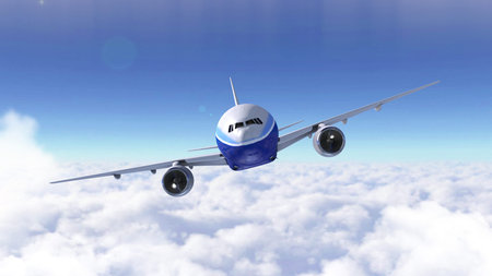 Passenger airplane flying over the cloudy sky. Modern airliner journey. Realistic 3D render. 4K....