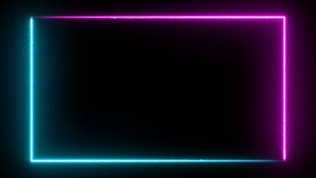 Neon glowing frame background. Colorful design laser show modern border. Futuristic light effect isolated on black. VJ backdrop for club, show, music video, presentation. 3D renderの写真素材