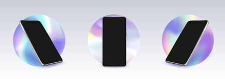 Realistic smartphone mockup. Phone template with circular iridescent holographic design elementsのイラスト素材