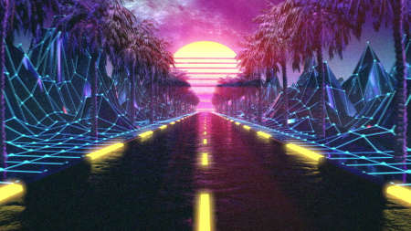 80s retro futuristic sci-fi background. VJ videogame landscape with neon lightsの写真素材