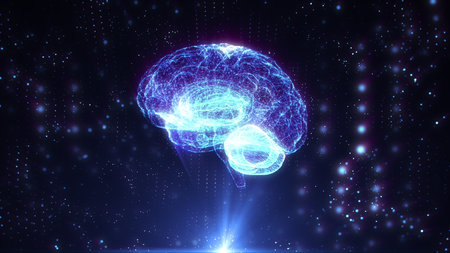 Holographic human brain rotating in virtual space, X-rays futuristic technologies.