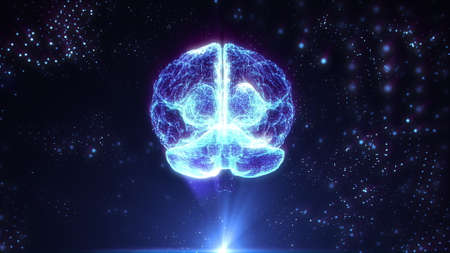 Holographic human brain rotating in virtual space, X-rays futuristic technologies.の写真素材