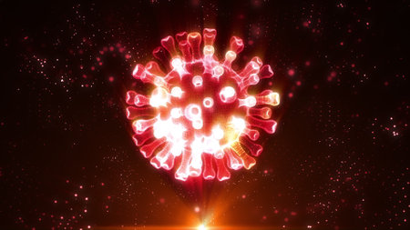 Holographic coronavirus COVID-19 rotating in virtual spaceの写真素材