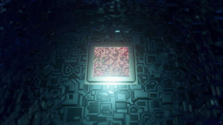Futuristic Circuit Board CPU Processor sending electronic impuls on motherboardの写真素材
