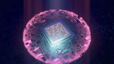 Futuristic Circuit Board CPU Processor sending electronic impuls on motherboardの写真素材