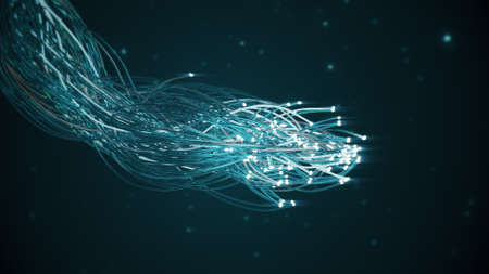 Bunch of cables spreading in space. Glowing fiber wires movement.の写真素材