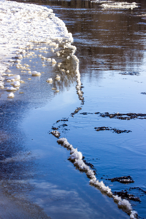 Ice on the river in the sunny winter day.の写真素材
