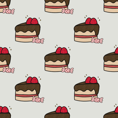 Seamless pattern with chocolate cake and strawberries. Vector illustration.