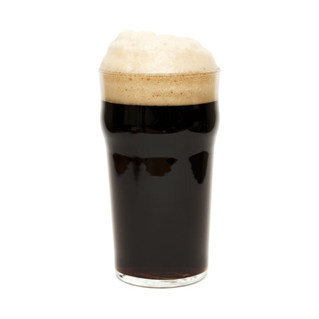 glass with dark beer on white background
