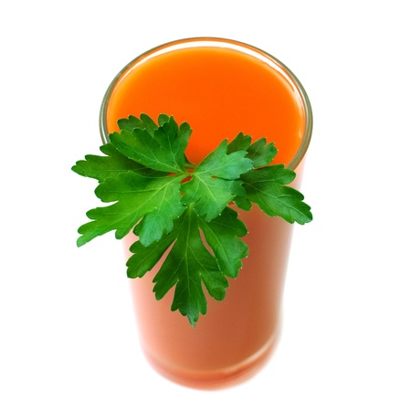 Carrot juice with celery isolated on whiteの写真素材