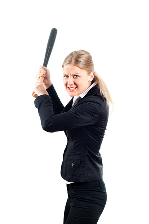 Frustrated businesswoman holding baseball bat の写真素材