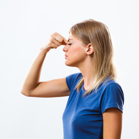 Woman is having pain in sinus. Woman is having pain in sinus.