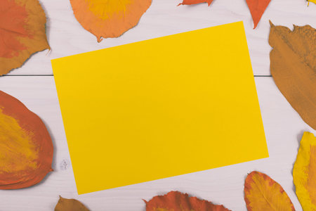 Empty yellow paper on wooden table surrounded with painted leaves.Image is intentionally toned.