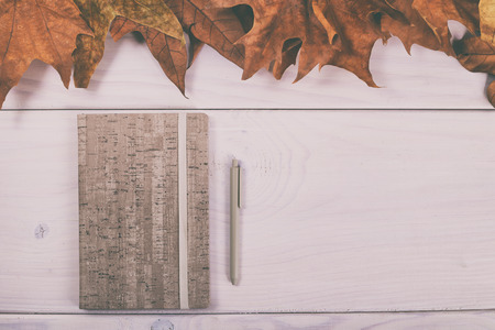 Image of notebook and pen on wooden table with autumn leaves.Image is intentionally toned.の写真素材