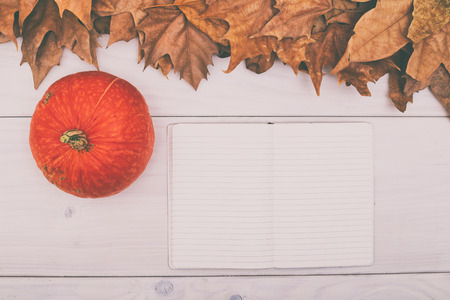 Image of pumpkin and empty notebook on wooden table with autumn leaves.Image is intentionally toned.の写真素材