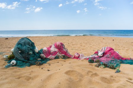 Image of fishing net on the beach at Sri Lanka.の写真素材