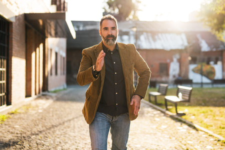 Modern businessman with beard  running in a hurry on the street.