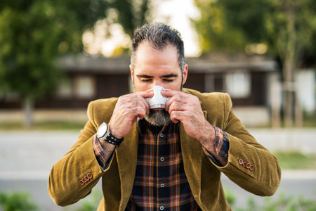 Modern businessman is blowing nose while sitting on the bench in the city.