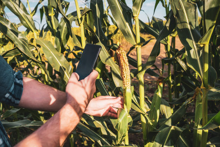 Farmer photographing dry corn while standing at his crops field.
