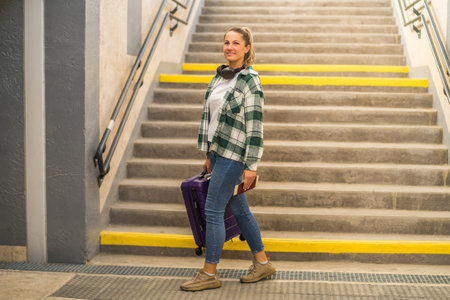 Happy woman with ticket and suitcase walking through the passage from the train station.の写真素材