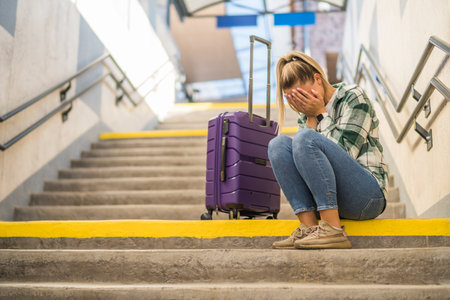 Worried woman sitting on a stairs at the train station.の写真素材