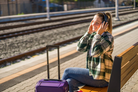 Happy woman with headphones enjoys listening music while sitting on a bench at the train station.の写真素材