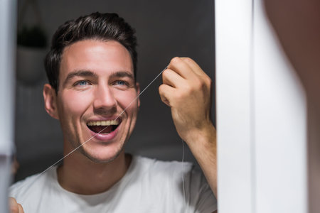 Man is using dental floss while looking himself in the mirror.の写真素材