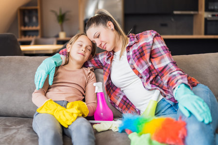 Happy mother and daughter resting after cleaning their house together.の写真素材