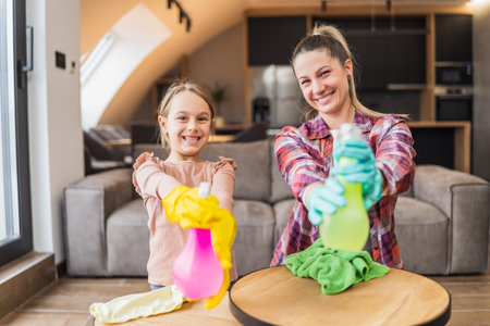 Happy mother and daughter having fun while cleaning  house together.の写真素材