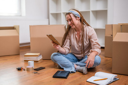 Modern ginger woman with braids looking at photo in frame while moving into new home.