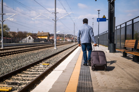 Rear view of man with suitcase walking on railway station.の写真素材