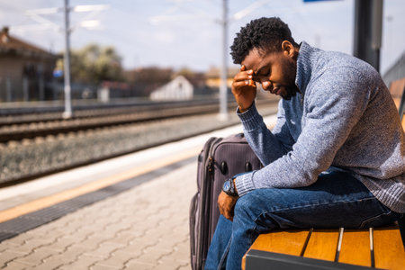 Worried man with a suitcase sitting on a bench at the railway station.の写真素材
