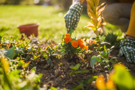 Close up image of senior woman gardening in her yard. She is planting a flower.の写真素材