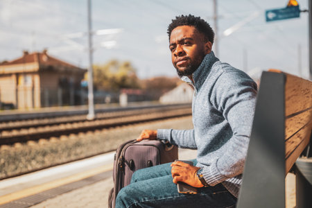 Man with a suitcase and mobile phone sitting on a bench at the railway station.の写真素材
