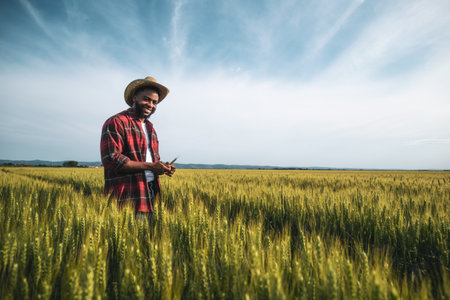 Young farmer is examining crops in his growing wheat field.の写真素材