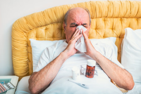 Sick senior man having flu and blowing his nose while lying on bed surrounded by medication in bedroom.の写真素材