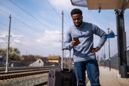 Displeased and worried African man with suitcase using smart phone while standing on a railway station.の写真素材
