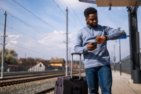 African American commuter stressed about travel delays, looking at his clock while standing on railway station with suitcase.の写真素材