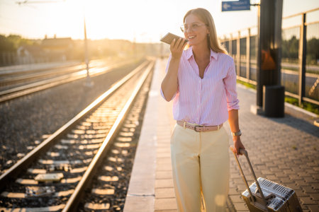 Elegant businesswoman talking on the mobile phone while walking on the sunny train station with her suitcase.の写真素材