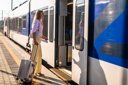 Elegant and beautiful businesswoman entering a train with suitcase in hand, illustrating commuting,...