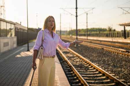 Angry and tired businesswoman shouting while standing at the railway station with suitcase. Real...