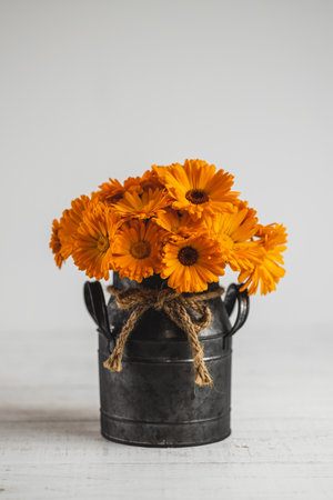 Calendula flowers in a decorative vintage style metal vaseの写真素材