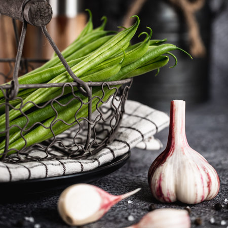Green beans, salt and pepper mills and garlic in the background