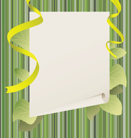 Paper with green leaves on a straw background. のイラスト素材