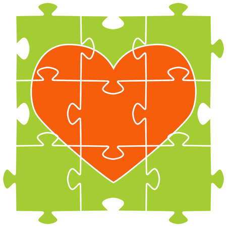 The orange heart collected from puzzles on a green backgroundのイラスト素材