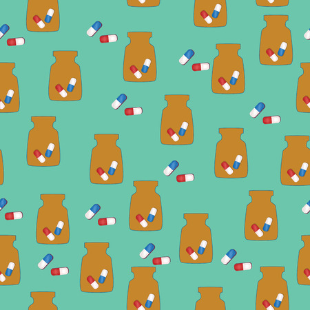 Abstract seamless a background with medical capsules in bottles. Vector illustrationのイラスト素材