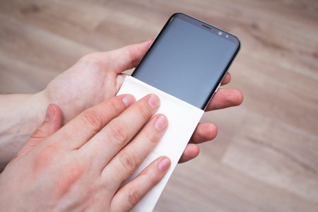 Disinfection of the phone screen, removing germs with antibacterial wet wipes for the prevention OF...