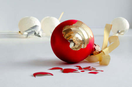 banner with copy space, broken Christmas toy on a white background.