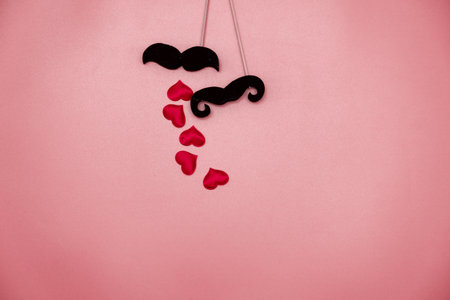 A pair of mustaches on sticks on a pink background and hearts. the concept of LGBT.の写真素材